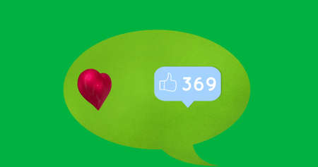 Red heart icon and like icon with increasing numbers on green speech bubble against green...