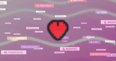 Image of digital heart icon over social media icons and text on banners. social media, connection and communication concept digitally generated image.の写真素材