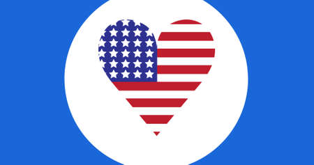 Image of american flag heart on blue circle and white background. patriotism, independence and celebration concept digitally generated image.の写真素材
