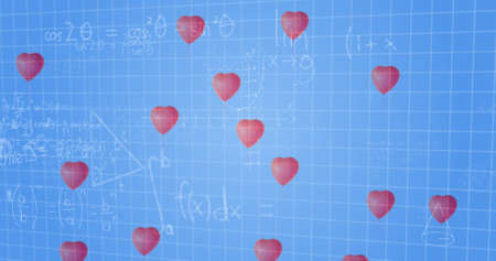 Image of hearts falling over mathematical equations on blue background. learning and maths education concept digitally generated image.の写真素材