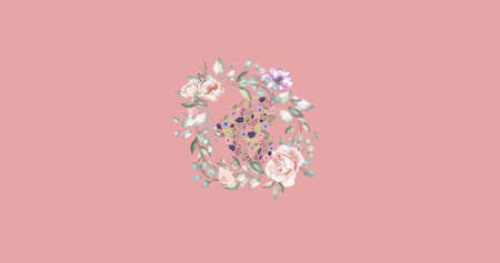 Image of pale floral garland and heart shape of flowers rotating in centre of pink background. nature, spring, summer and wellbeing screen template concept, digitally generated image.の写真素材
