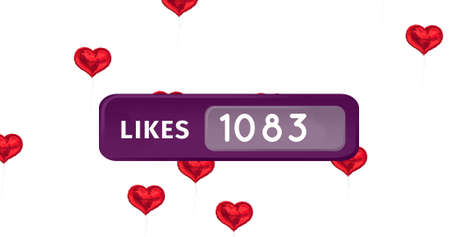 Image of numbers changing and likes text in purple banner with red hearts on white background....