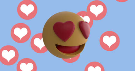 Image of multiple heart eyes face emoji against heart icons floating on blue background. Global social media network concept digitally generated image.の写真素材