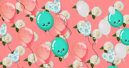 Image of colorful balloons flying and roses over pink background. party and celebration concept digitally generated image.の写真素材