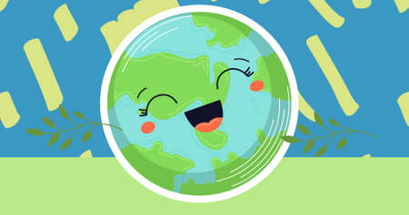 Digital composite image happy planet earth sphere laughing against abstract background. nature, environment and creative concept.の写真素材