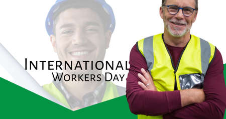 Portrait of smiling caucasian man with arms crossed by international workers day text. digital composite, blue-collar worker, skilled and industry concept.の写真素材