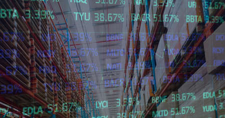 Image of data processing over empty warehouse. global shipping, delivery and connections concept...
