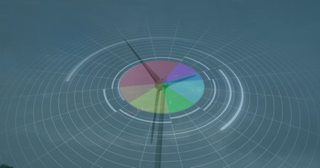 Image of statistics and data processing over wind turbine on blue background. environment, renewable...