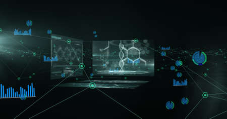 Image of network of connections and statistics recording over medical data processing on screens....