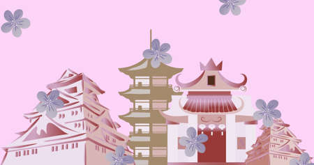 Image of flowers falling over japanese buildings on pink background. sakura and japanese culture celebration concept digitally generated image.の写真素材