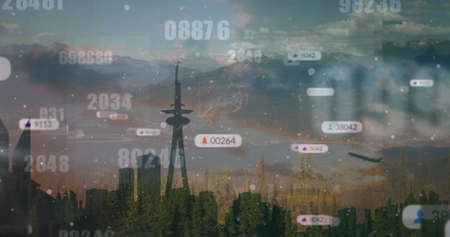 Image of social media icons and numbers over landscape background. social media and communication...