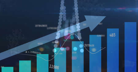 Image of statistics and numbers processing with arrow over cityscape. business, finance and data processing concept digitally generated image.の写真素材