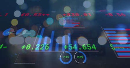 Image of statistics and numbers processing over out of focus cityscape. business, finance and data...