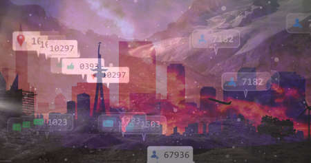 Image of social media icons and numbers over landscape background. social media and communication...