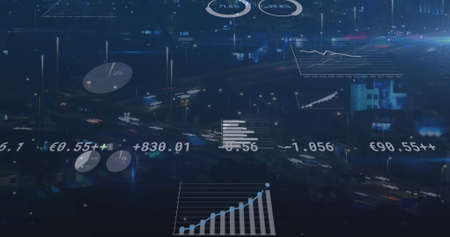 Image of statistics and numbers processing over cityscape. business, finance and data processing...