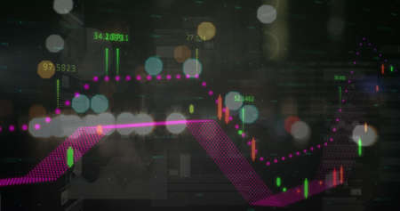 Image of statistics and financial data processing over out of focus city road lights. global...