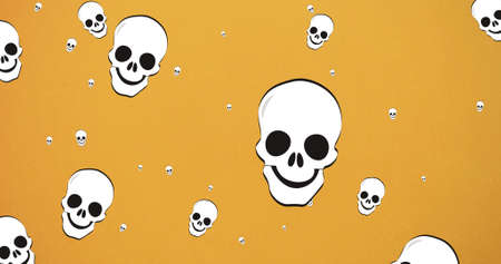 Composition of skull icons repeated on orange background. halloween, tradition and celebration concept digitally generated image.の写真素材