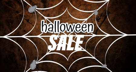 Composition of halloween sale text over web and spiders on brown background. halloween, tradition and celebration concept digitally generated image.の写真素材