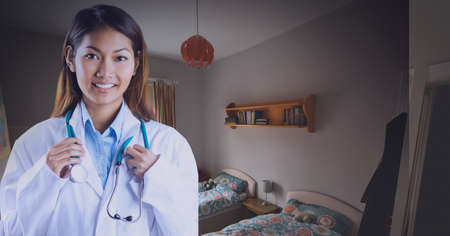 Smiling doctor with child&#39;s room in the background, healthcare and medical professionals concepts. digitally generated imageの写真素材