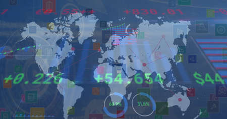 Image of data processing with world map over network of connections with icons. global connections...