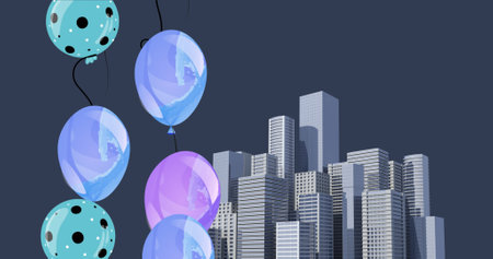 Image of balloons and cityscape on gray background. party and celebration concept digitally generated image.の写真素材