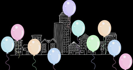 Image of balloons and cityscape on black background. party and celebration concept digitally generated image.の写真素材