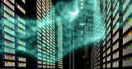 Neon green digital waves against tall buildings in background. global networking and business...