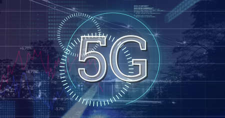 Image of digital interface and 5g text over landscape. digital interfaces concept and connections...
