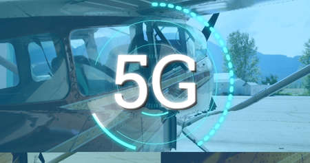 Image of digital interface and 5g text over plane. digital interfaces concept and connections...