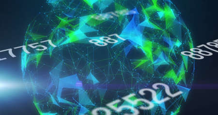 Multiple changing numbers over plexus networks spinning against blue background. global networking...