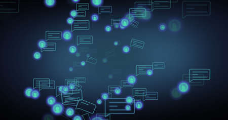 Image of social media icons and speech bubbles on blue background. social media and communication...