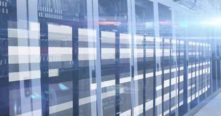 Image of data processing and white lines over server room. cloud computing and data processing...