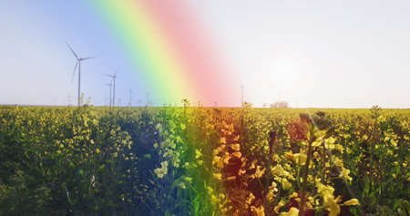 Image of rainbow fog over moving countryside landscape. find a rainbow day digitally generated image.の写真素材