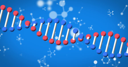Image of dna strand spinning and molecules on blue background. science and research concept digitally generated image.の写真素材