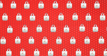 Image of no plastic bags text over bag icons on red background. global environment, green energy and digital interface concept digitally generated image.の写真素材