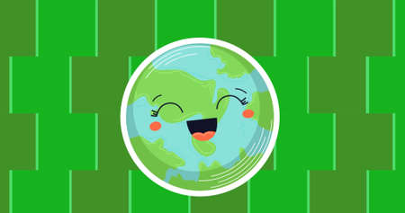 Image of smiling globe over squares on green background. global environment, green energy and digital interface concept digitally generated image.の写真素材