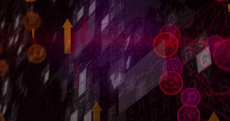 Image of arrows and financial data processing over black background. global business, finances and...