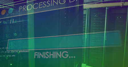 Image of data processing over server room. social media and communication interface concept...
