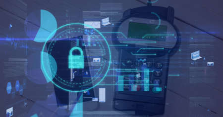 Image of globe and financial data processing over terminal and smartphone. global business, finances...