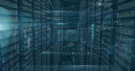 Image of mathematical equations over computer servers. global connections, data processing and...