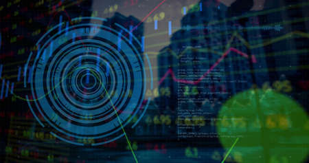 Image of scope scanning and financial data processing over cityscape. global business, finances and...