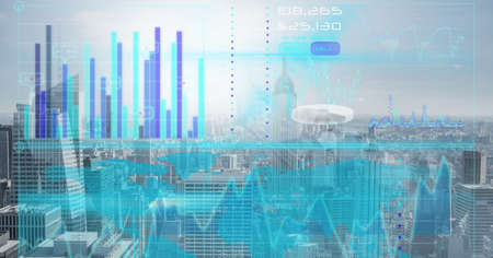 Digital interface with statistical data processing against aerial view of cityscape. computer...