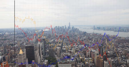 Statistical data processing over grid network against aerial view of cityscape. computer interface...
