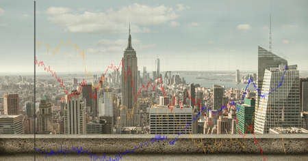 Statistical data processing over grid network against aerial view of cityscape. computer interface and business technology conceptの写真素材