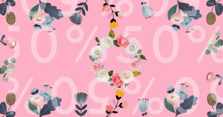 Image of 50 percentage text over flowers on pink background. sales, retail and savings concept...
