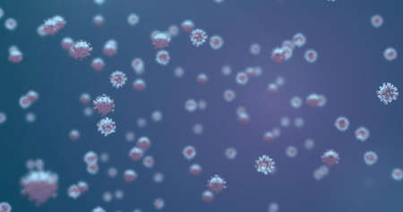 Image of virus cells floating on blue background. global medicine during covid 19 pandemic concept digitally generated image.の写真素材