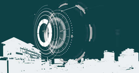 Image of financial data processing and scope scanning over cityscape. global business, finances,...