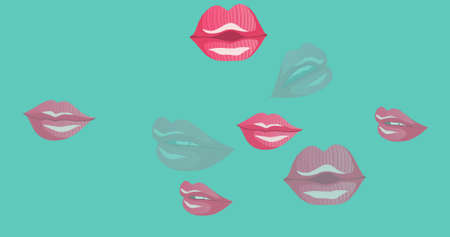 Image of lips repeated on green background. fashion and accessories background pattern concept digital image.の写真素材