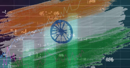 Image of financial data processing over flag of india in background. global business, finances and...