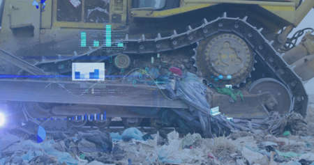 Image of statistics and data processing over buildozer at waste disposal site. environment, waste...